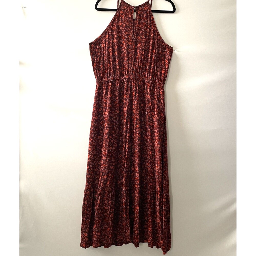 Old Navy Red Ditsy Floral Elastic Waist Tiered Hem Halter Maxi Dress Size L - Picture 2 of 12